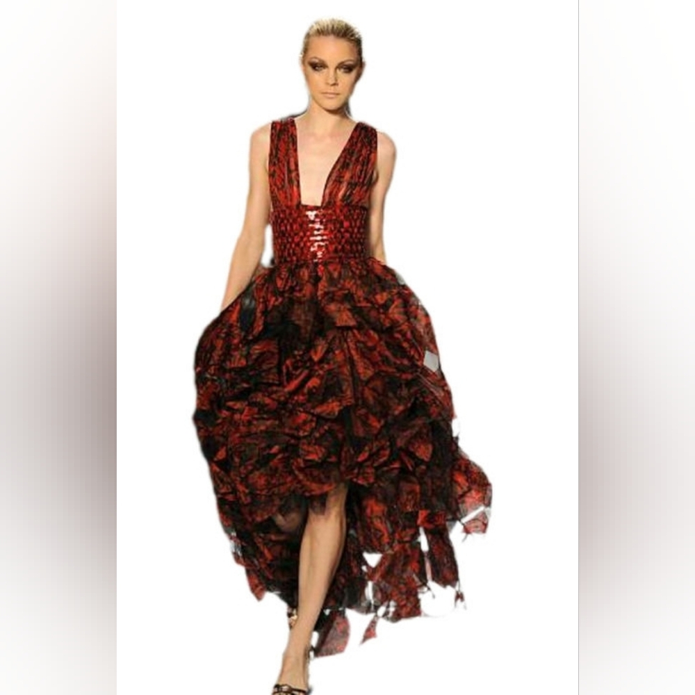 ¤$7,000 OSCAR DE LA RENTA SILK ICONIC RED BLK RUNWAY DRESS 6